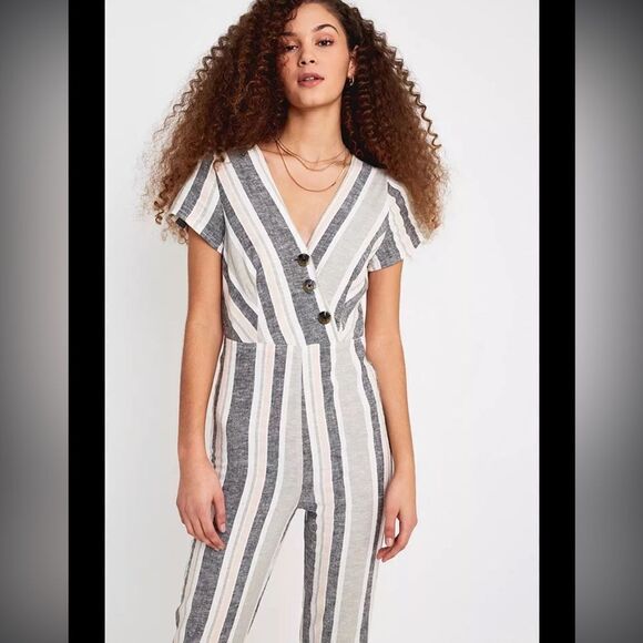 Urban Outfitters Linen Blend Striped Pants Jumpsuit Small - Picture 1 of 9